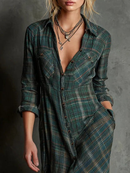 Plaid Lapel Long Dress | Seraphine