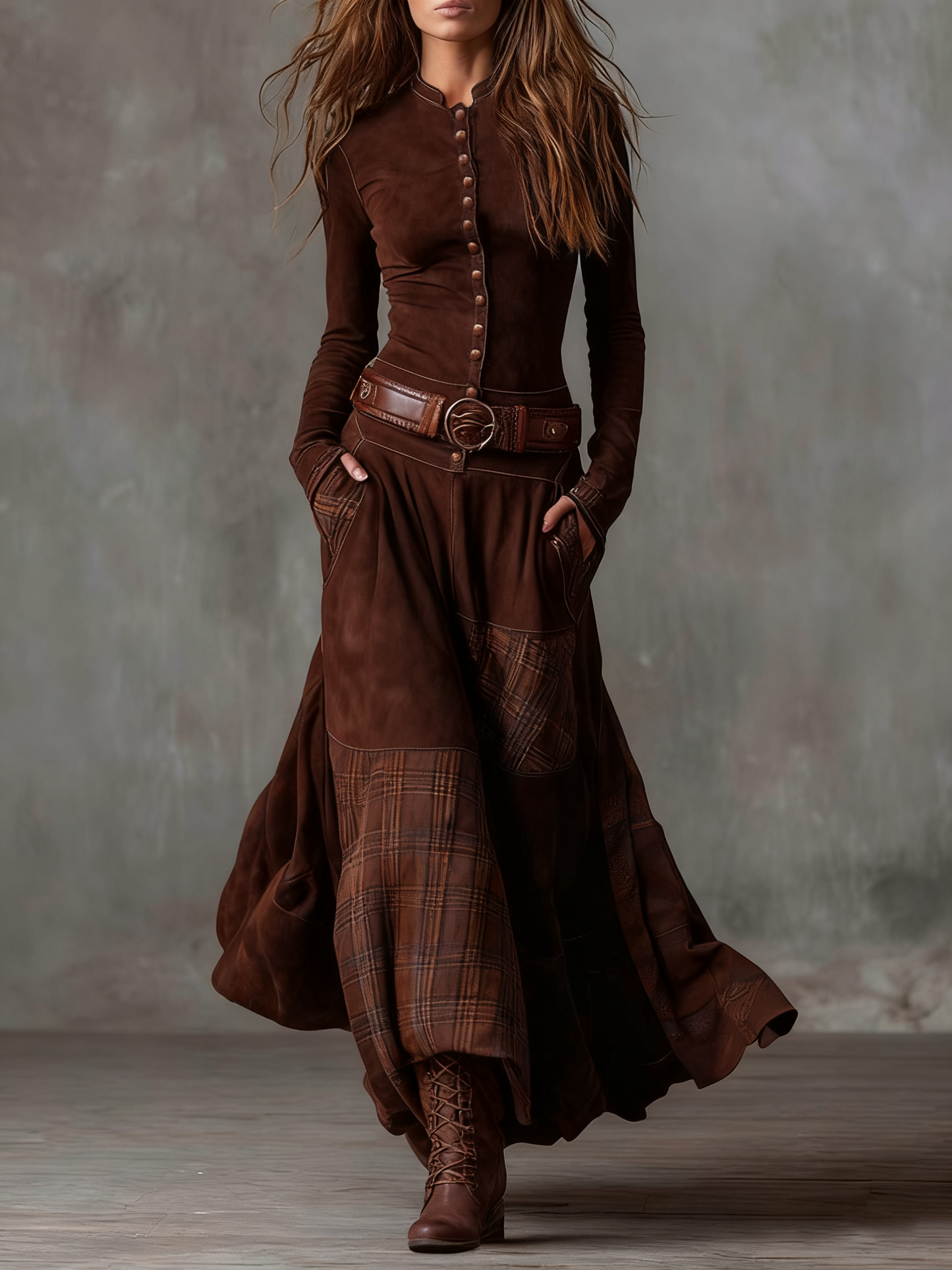 Vintage Patchwork Plaid Panel Maxi Dress for Women | Elowen