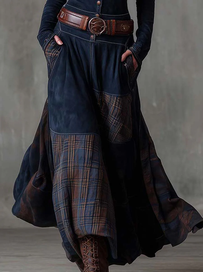 Vintage Patchwork Plaid Panel Maxi Dress for Women | Elowen
