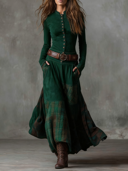 Vintage Patchwork Plaid Panel Maxi Dress for Women | Elowen