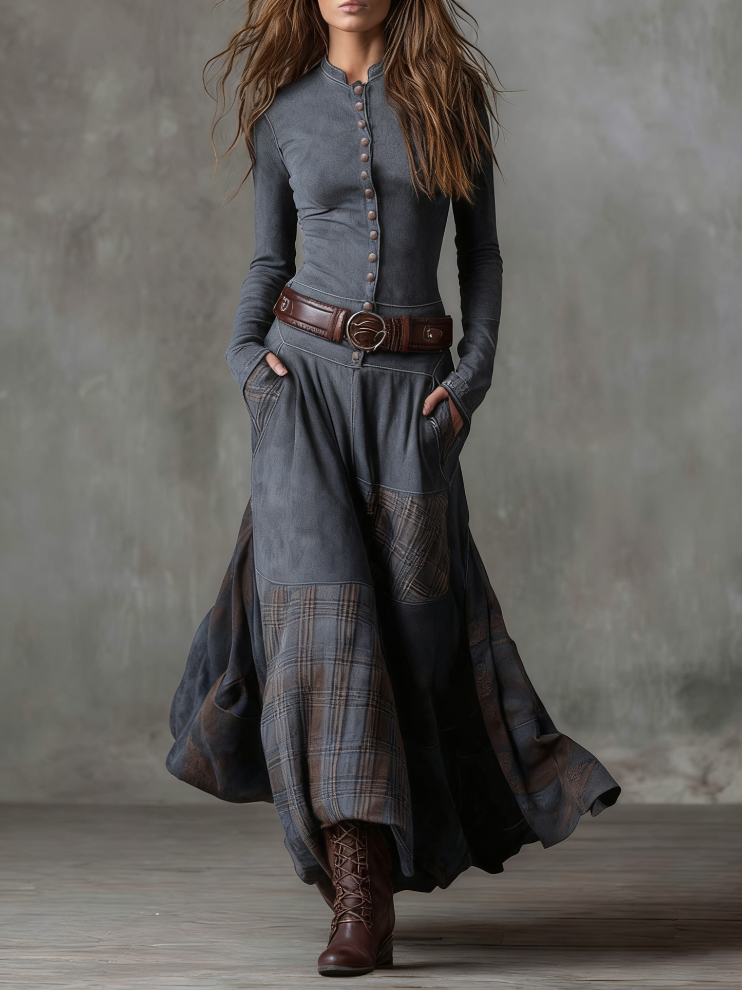 Vintage Patchwork Plaid Panel Maxi Dress for Women | Elowen