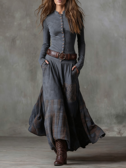 Vintage Patchwork Plaid Panel Maxi Dress for Women | Elowen