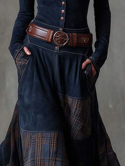 Vintage Patchwork Plaid Panel Maxi Dress for Women | Elowen