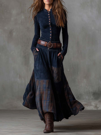 Vintage Patchwork Plaid Panel Maxi Dress for Women | Elowen