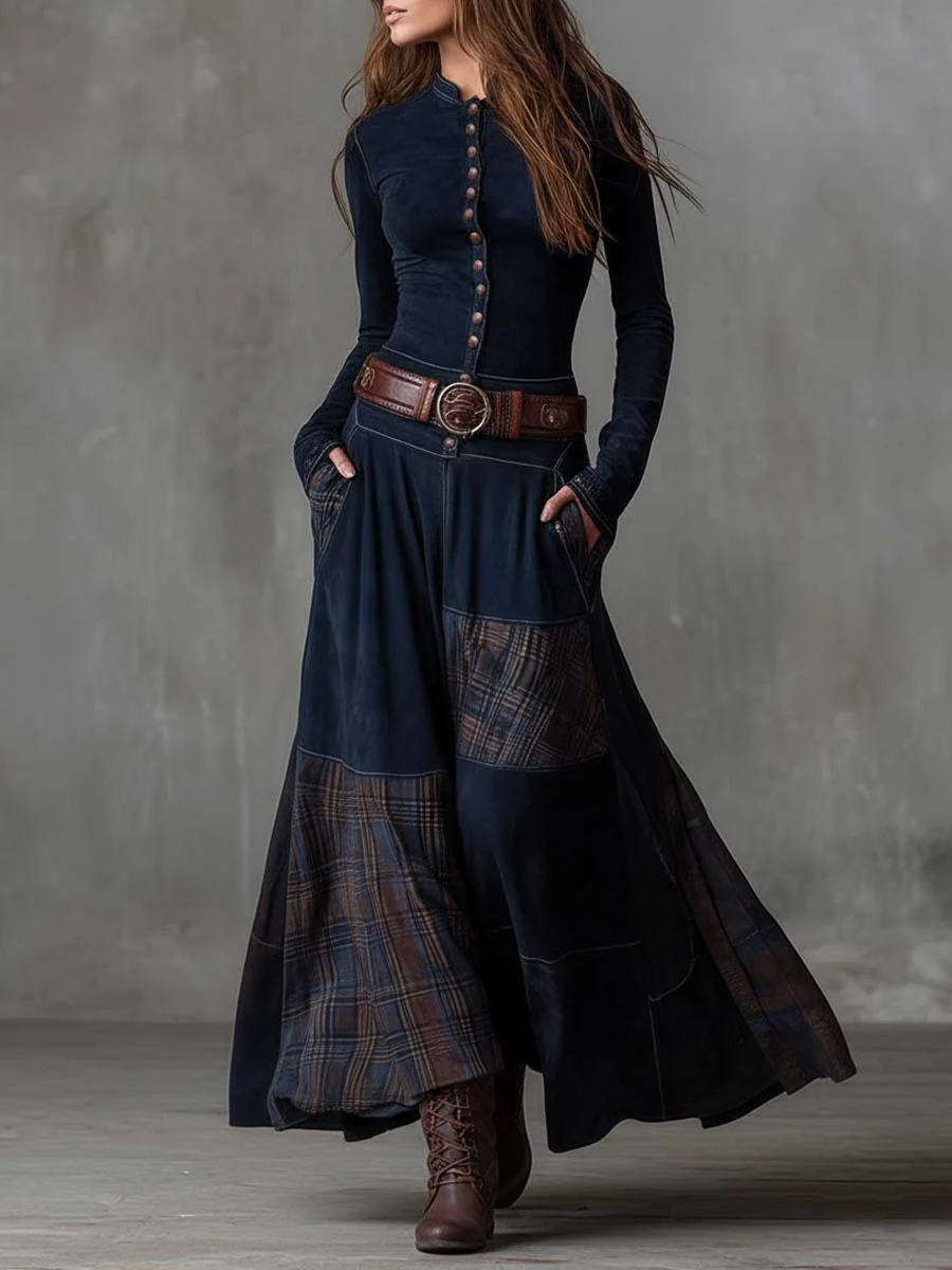 Vintage Patchwork Plaid Panel Maxi Dress for Women | Elowen