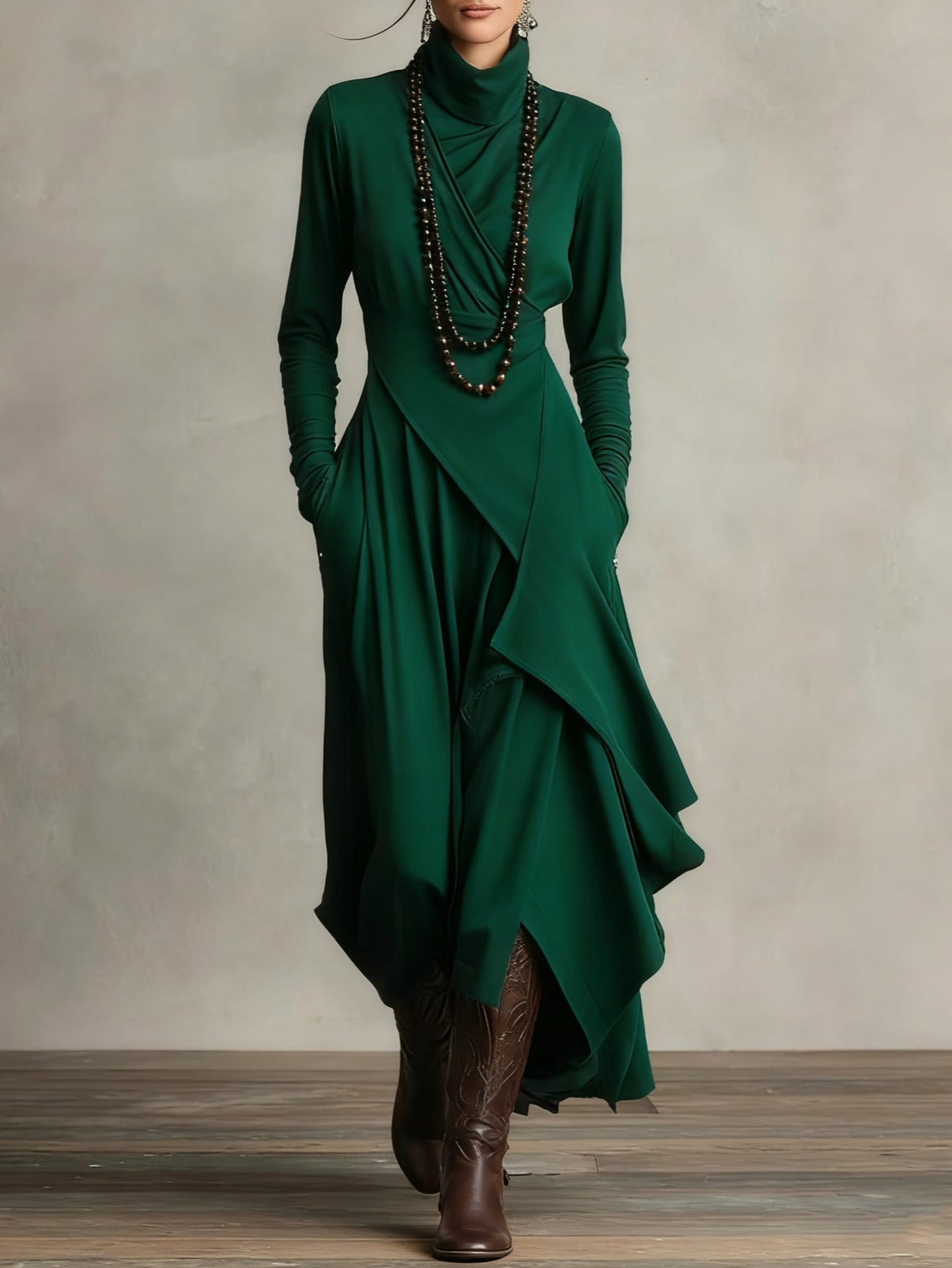 High-Neck Pleated Asymmetrical Maxi Dress for Women | Elara