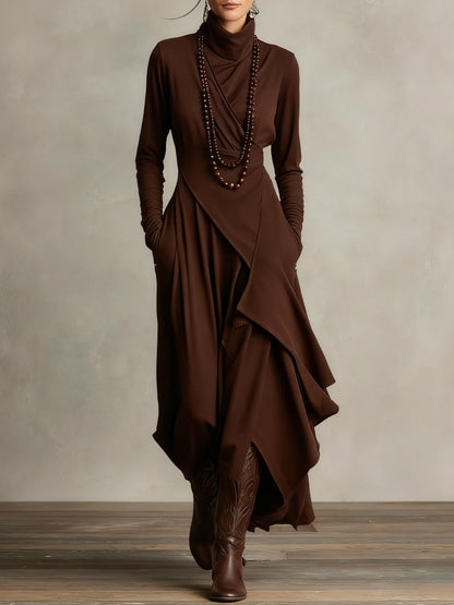 High-Neck Pleated Asymmetrical Maxi Dress for Women | Elara