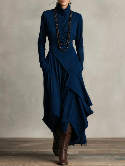 High-Neck Pleated Asymmetrical Maxi Dress for Women | Elara