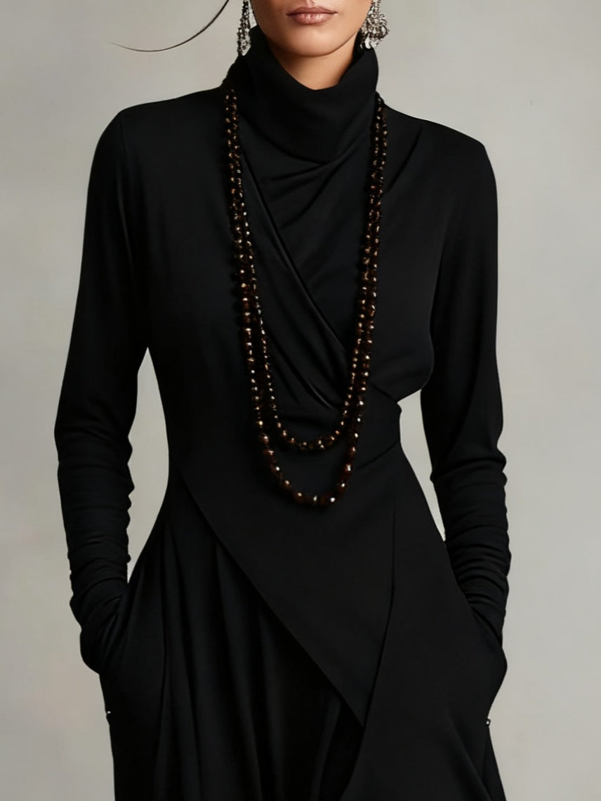 High-Neck Pleated Asymmetrical Maxi Dress for Women | Elara