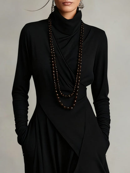 High-Neck Pleated Asymmetrical Maxi Dress for Women | Elara