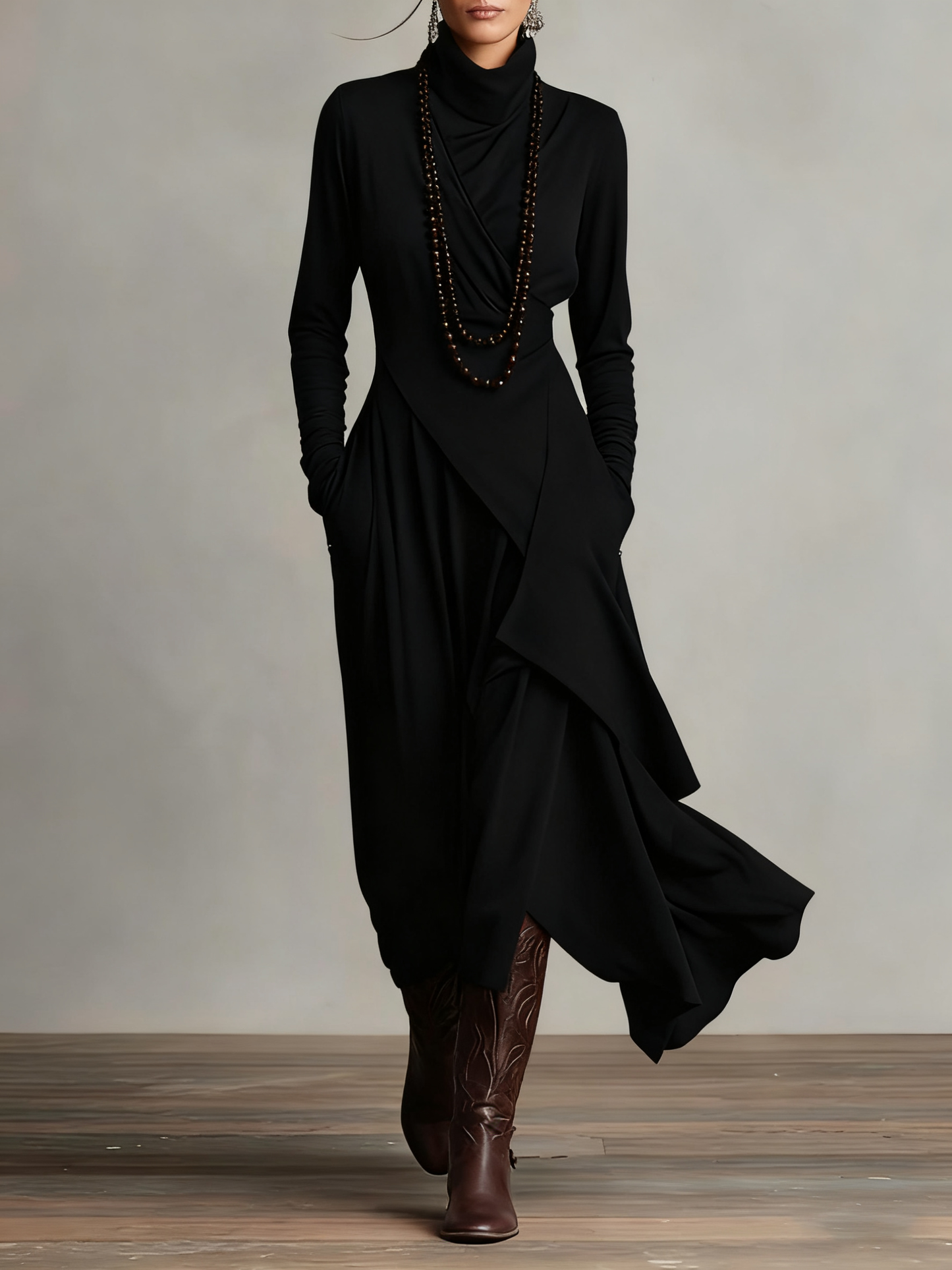 High-Neck Pleated Asymmetrical Maxi Dress for Women | Elara