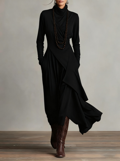 High-Neck Pleated Asymmetrical Maxi Dress for Women | Elara