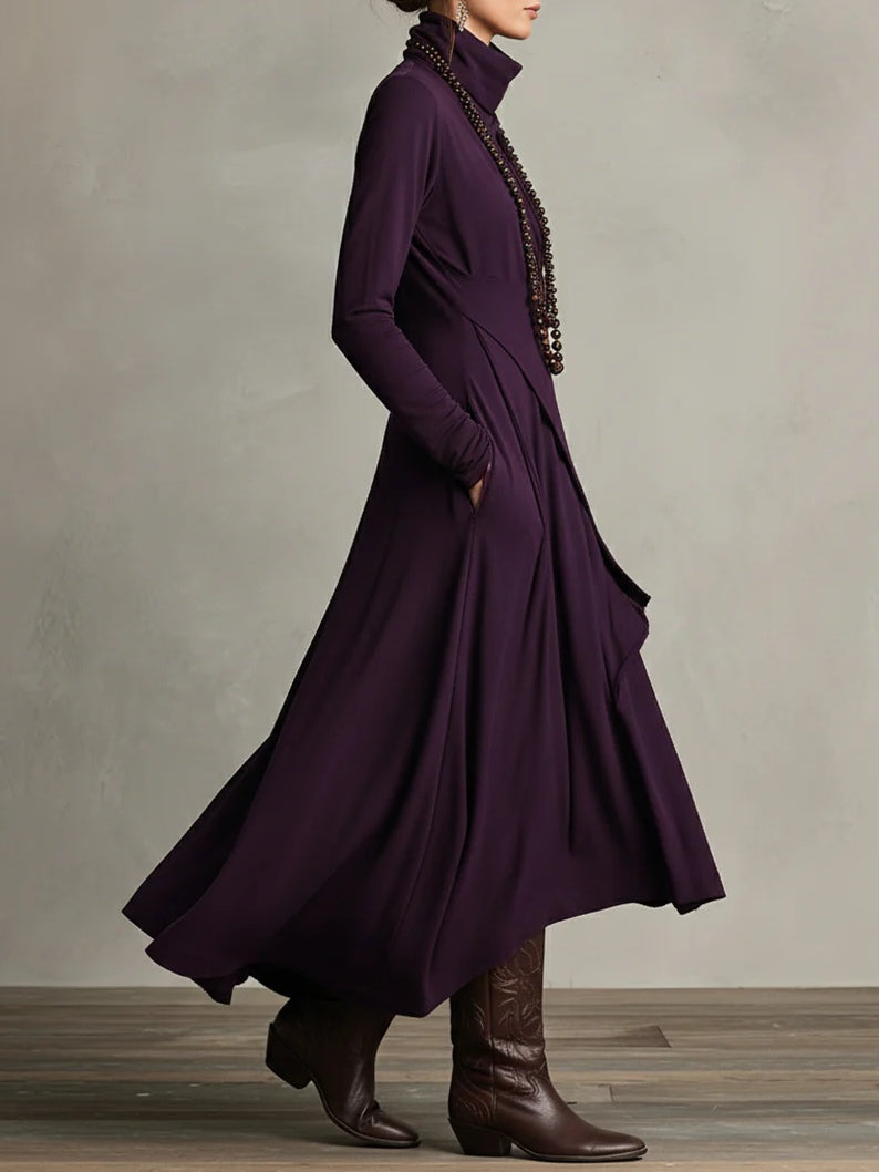 High-Neck Pleated Asymmetrical Maxi Dress for Women | Elara