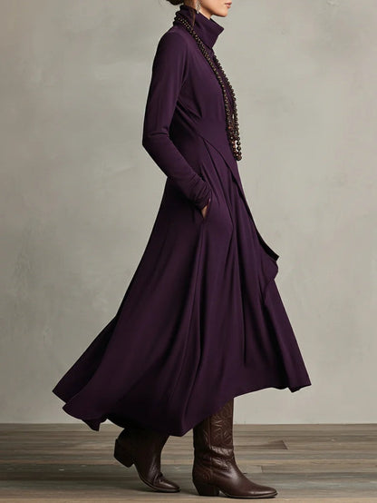 High-Neck Pleated Asymmetrical Maxi Dress for Women | Elara