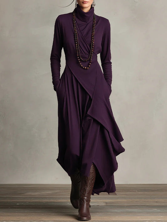 High-Neck Pleated Asymmetrical Maxi Dress for Women | Elara