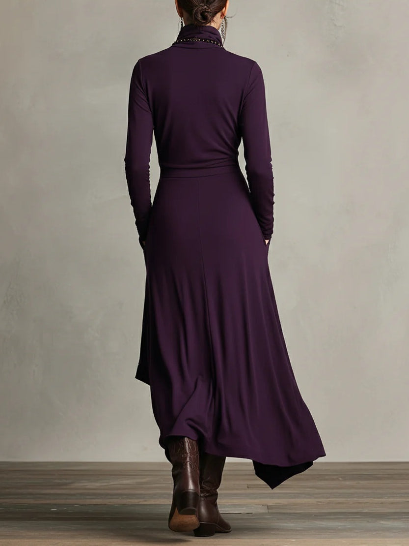 High-Neck Pleated Asymmetrical Maxi Dress for Women | Elara