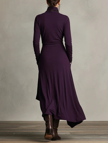 High-Neck Pleated Asymmetrical Maxi Dress for Women | Elara