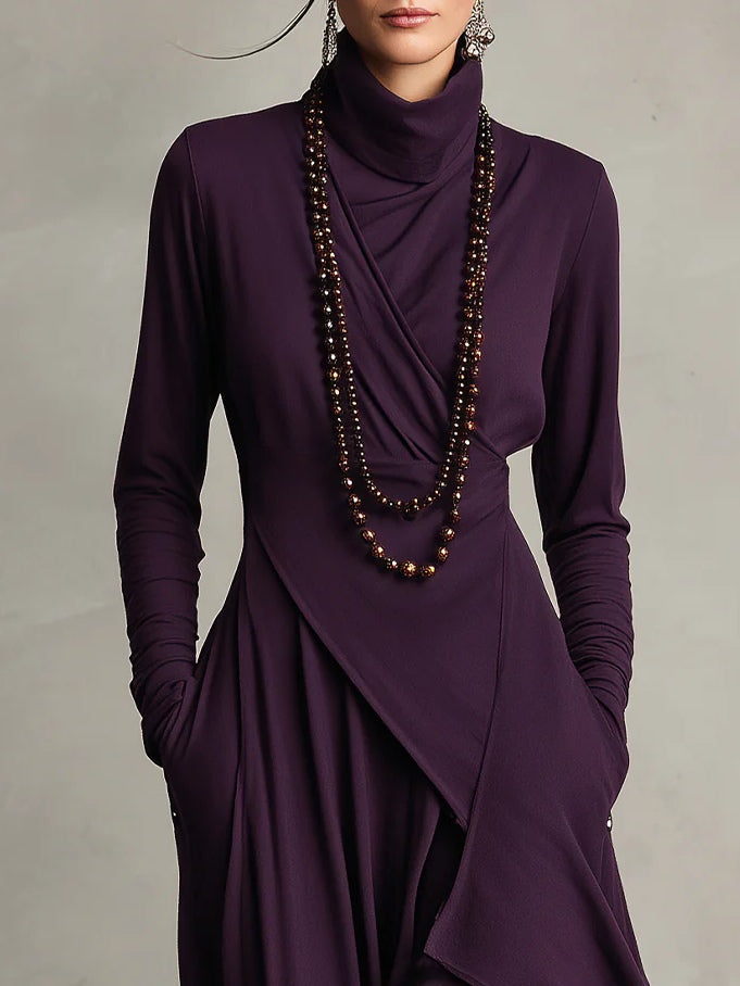 High-Neck Pleated Asymmetrical Maxi Dress for Women | Elara