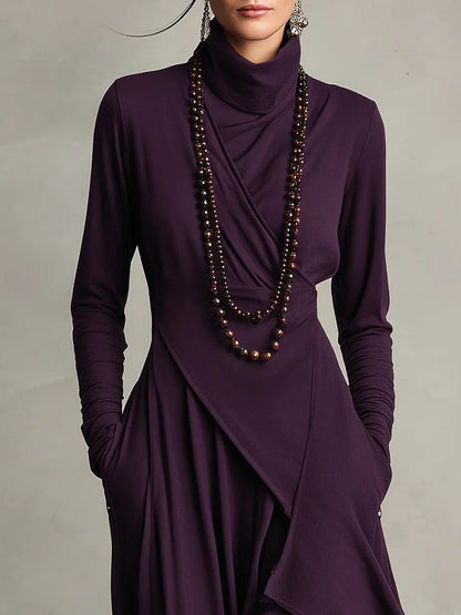 High-Neck Pleated Asymmetrical Maxi Dress for Women | Elara