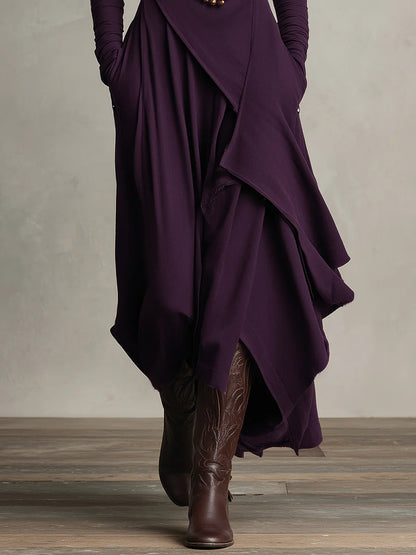 High-Neck Pleated Asymmetrical Maxi Dress for Women | Elara