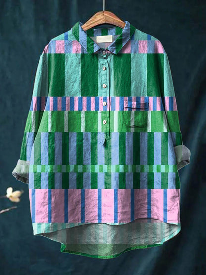 Geometric Patchwork Button-Up Blouse for Women | Amber