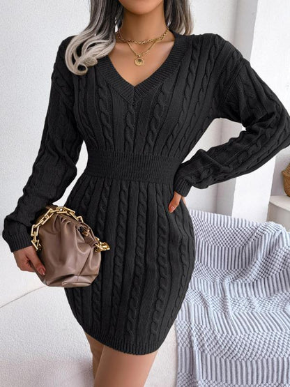 Cable knit V-neck long sleeve sweater dress for women | Holly