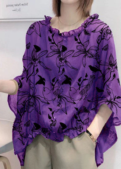 Art Navy Ruffle Trim Half Sleeve Blouse Chic for Women | Mireya