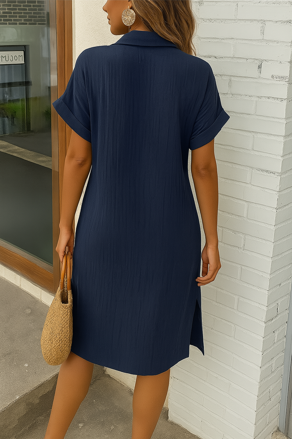 Button-down linen shirt dress with pockets for women | Marina -17