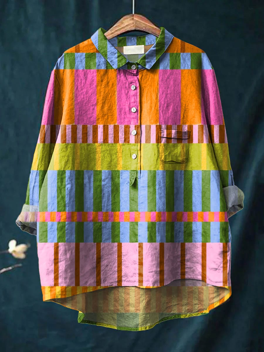 Geometric Patchwork Button-Up Blouse for Women | Amber