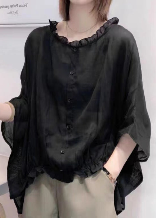 Art Navy Ruffle Trim Half Sleeve Blouse Chic for Women | Mireya