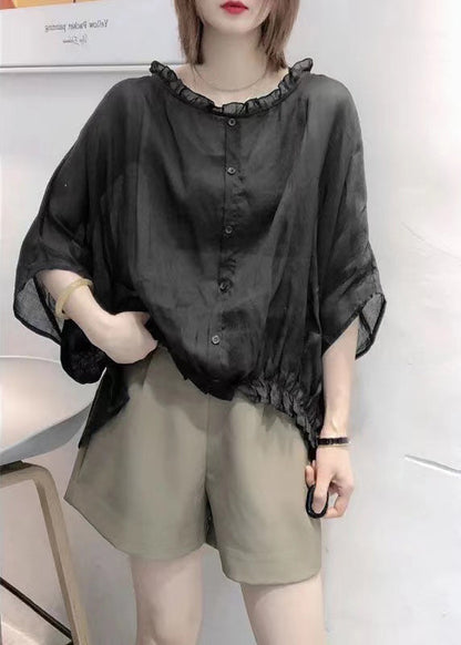 Art Navy Ruffle Trim Half Sleeve Blouse Chic for Women | Mireya