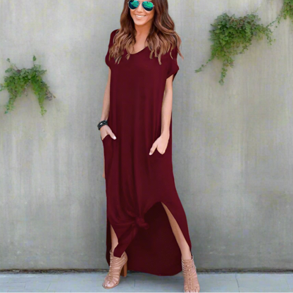 V-neck short-sleeve side-slit maxi dress for women | Marina Ease -6