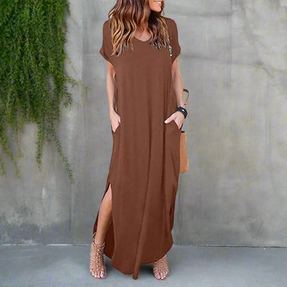 V-neck short-sleeve side-slit maxi dress for women | Marina Ease -9