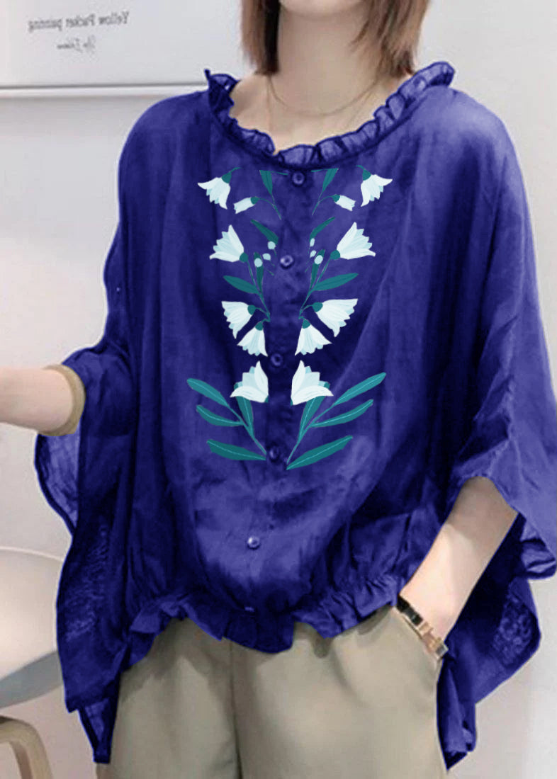 Art Navy Ruffle Trim Half Sleeve Blouse Chic for Women | Mireya