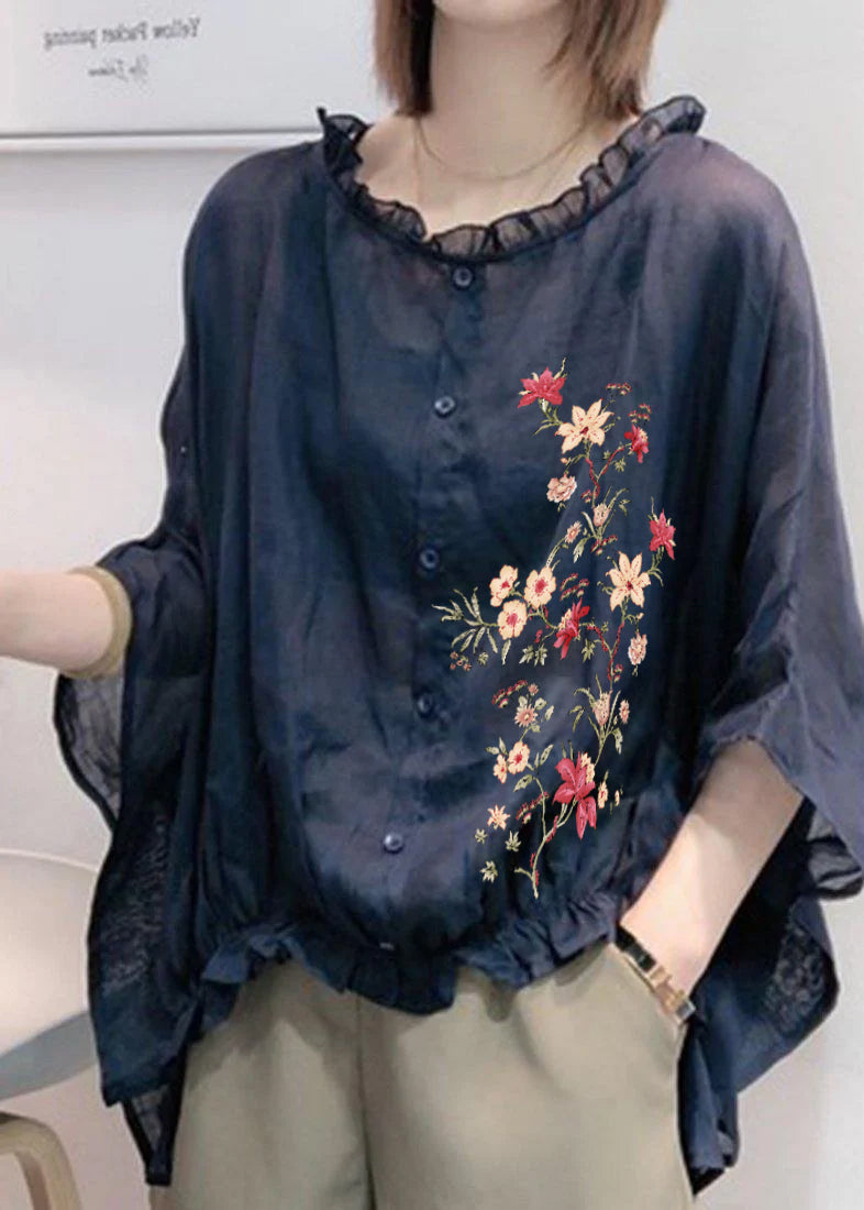 Art Navy Ruffle Trim Half Sleeve Blouse Chic for Women | Mireya
