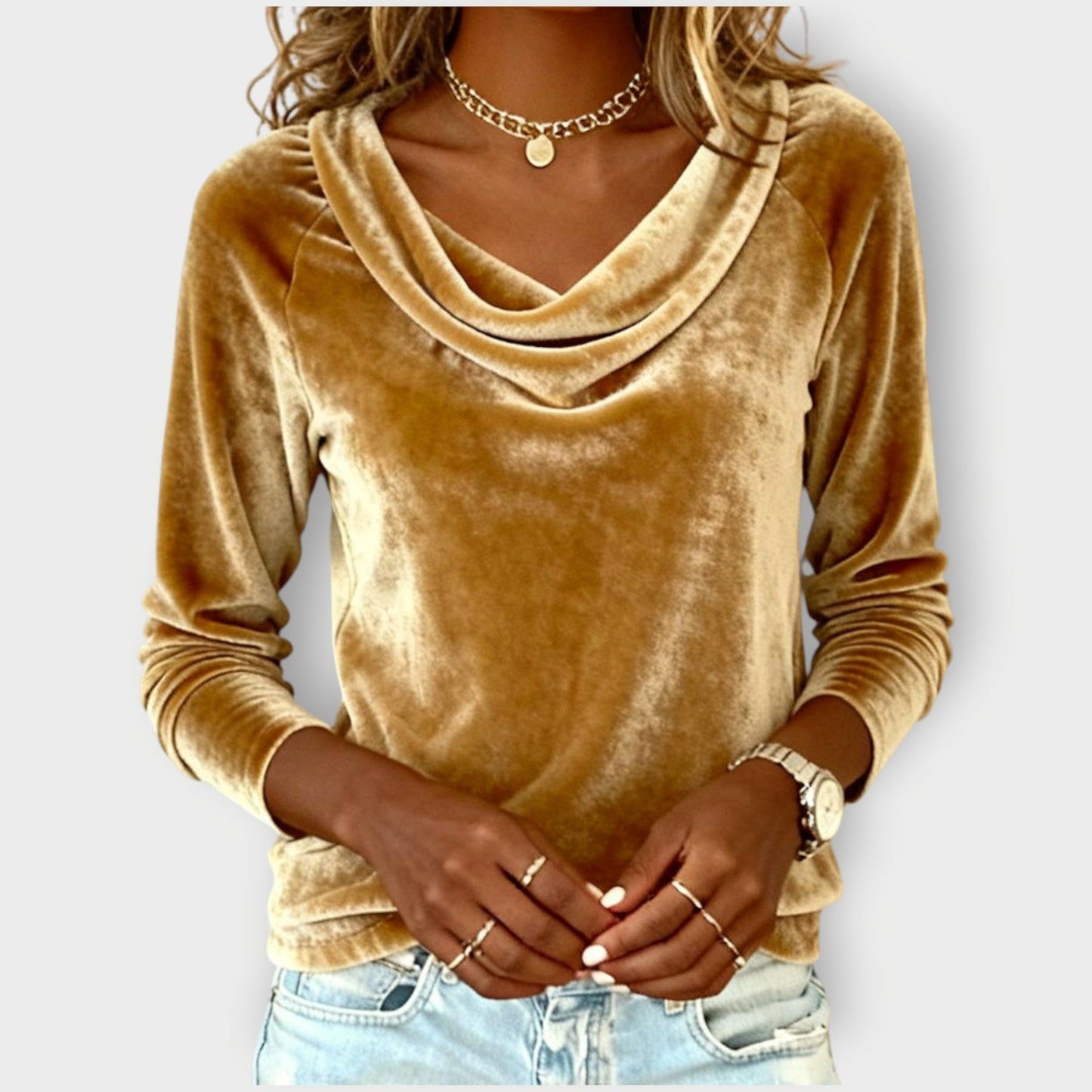 Elegant drape-neck long sleeve evening top Chic for Women | Margaret Élan