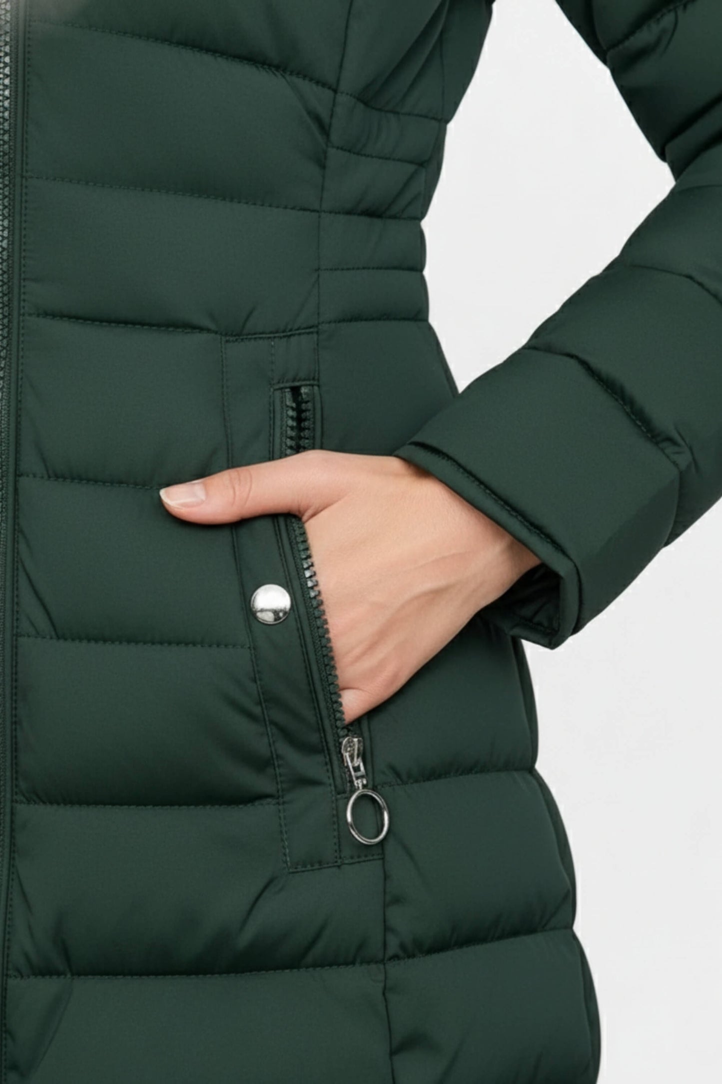 Long quilted puffer coat with high collar for women | Caurelle