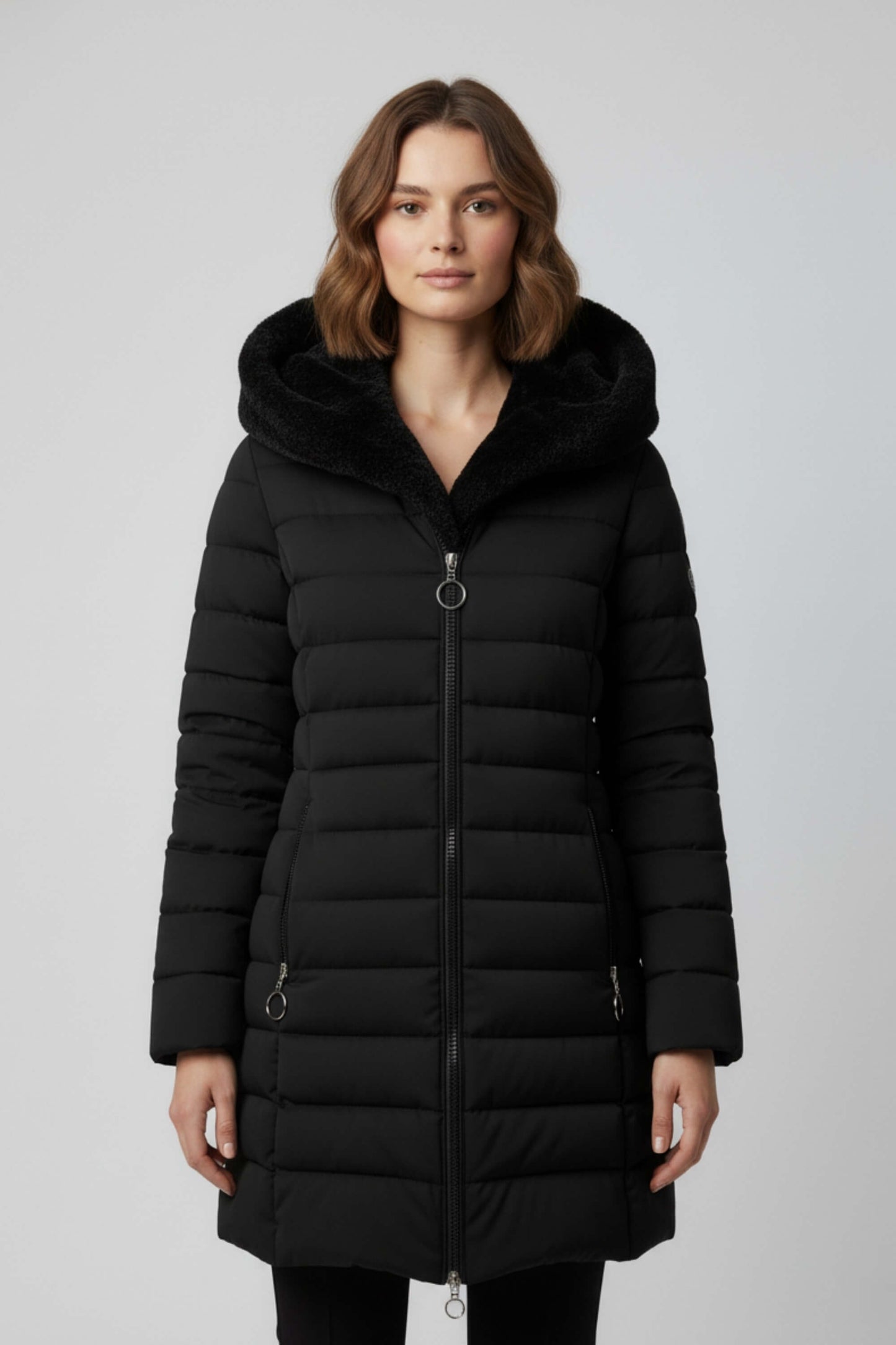 Long quilted puffer coat with high collar for women | Caurelle