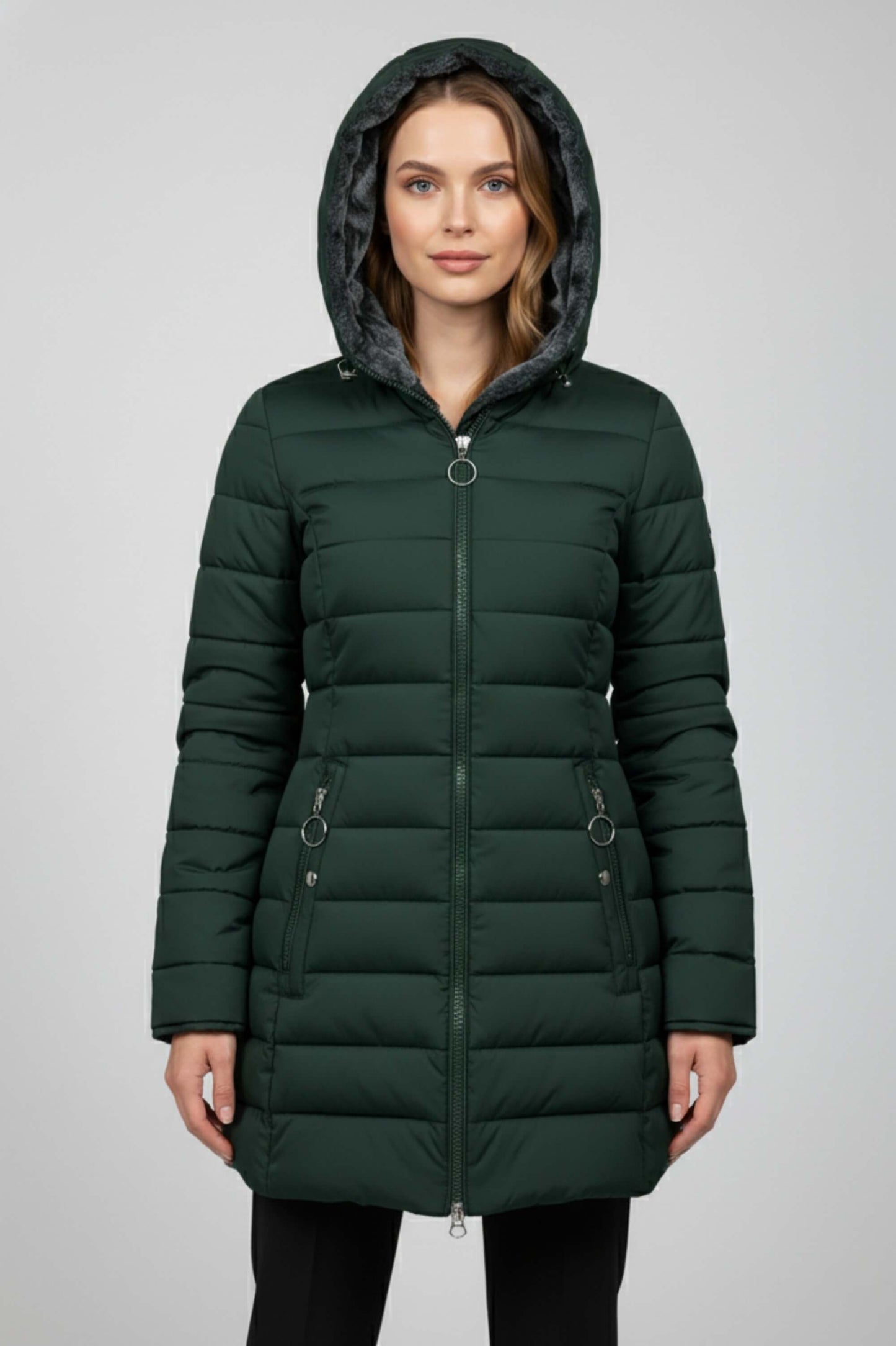 Long quilted puffer coat with high collar for women | Caurelle