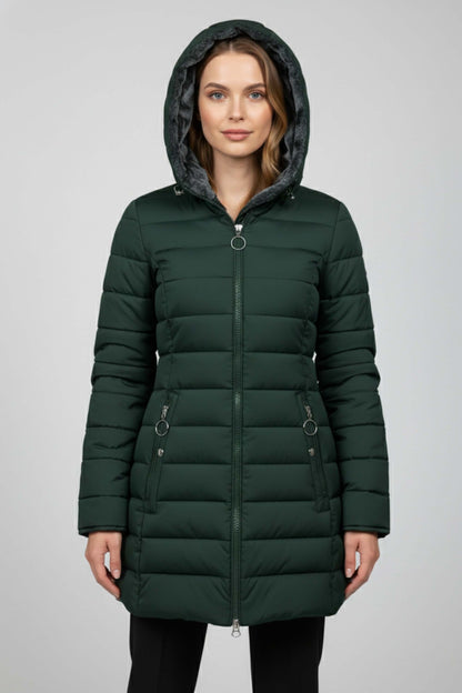 Long quilted puffer coat with high collar for women | Caurelle