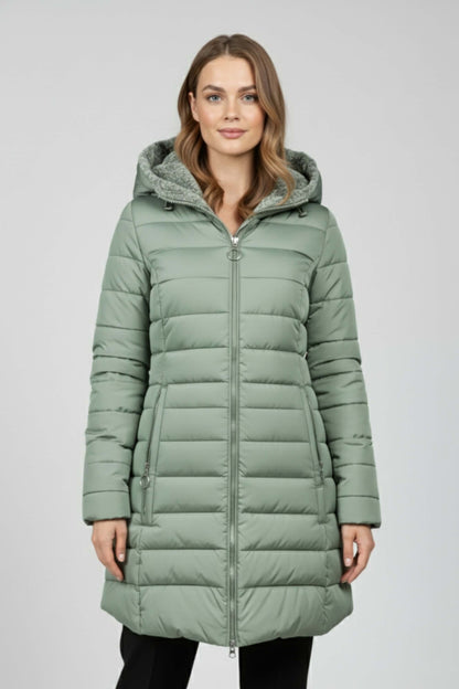 Long quilted puffer coat with high collar for women | Caurelle