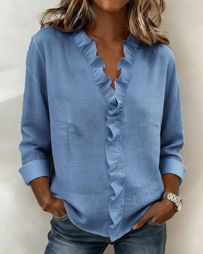 Ruffle V-Neck Long Sleeve Blouse for Women | Indie