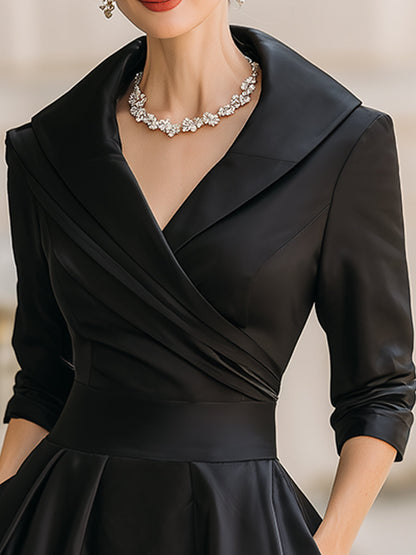 Vintage-inspired satin draped-collar midi dress for women | Velmira -2