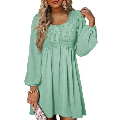 Casual smocked empire waist A-line dress with button-up detail for women | Elowen