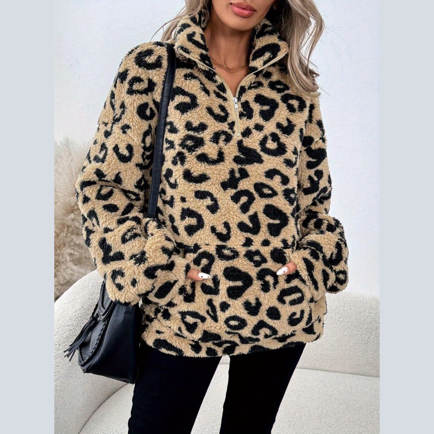Leopard print zip sweater for women | Leona