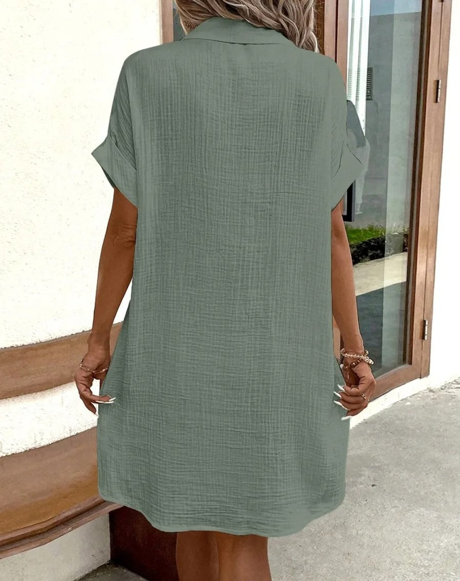 Button-down linen shirt dress with pockets for women | Marina -27
