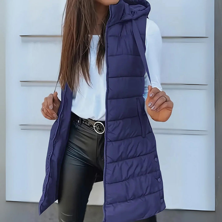 Sleeveless hooded long puffer vest for women | Rain