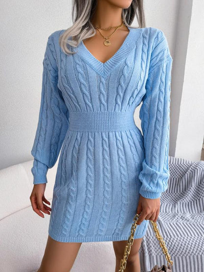 Cable knit V-neck long sleeve sweater dress for women | Holly