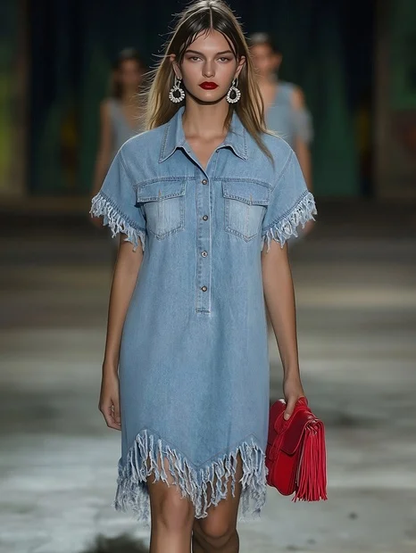Vintage denim shirt mini dress with tassel detail Chic for Women | Solmara