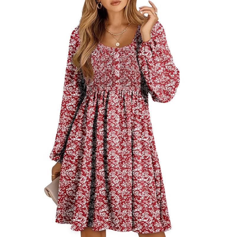 Casual smocked empire waist A-line dress with button-up detail for women | Elowen